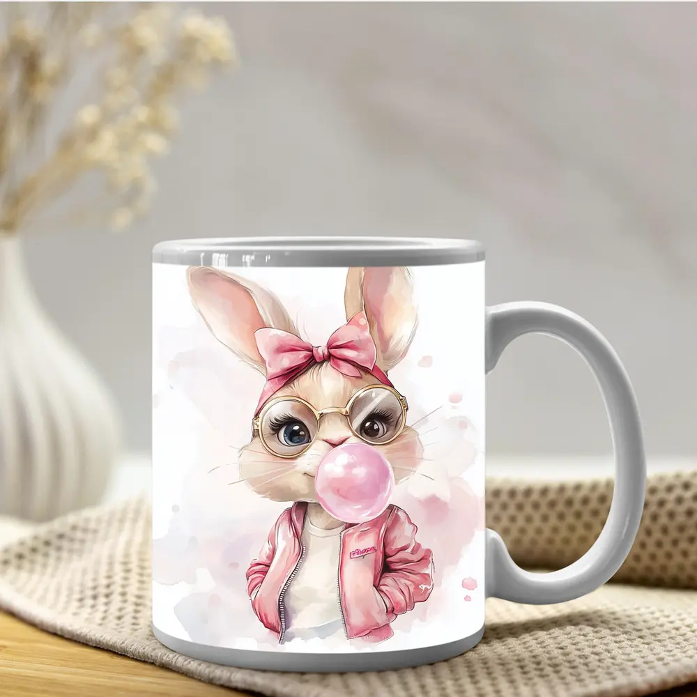 Cool Bunny Girl Blowing Bubblegum Pink Art – Mugs