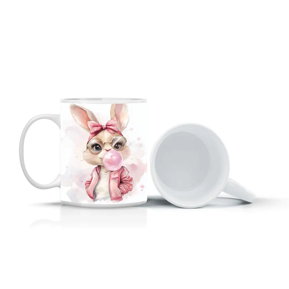 Cool Bunny Girl Blowing Bubblegum Pink Art – Mugs