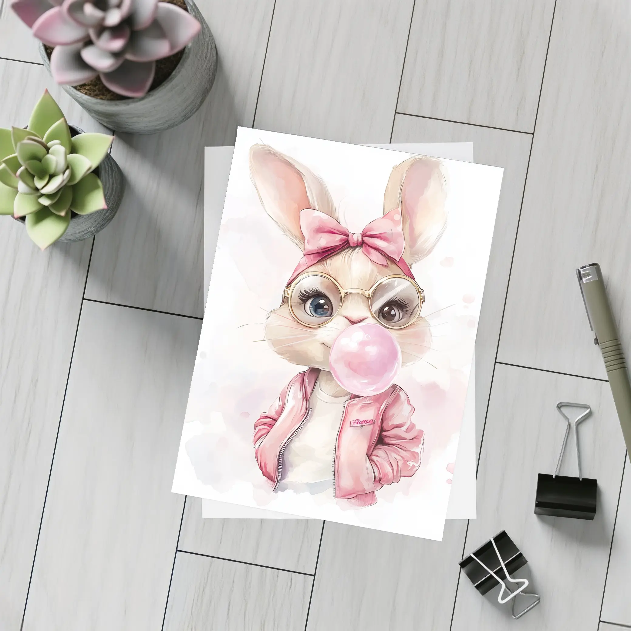 Cool Bunny Girl Blowing Bubblegum Pink Art – Postcards