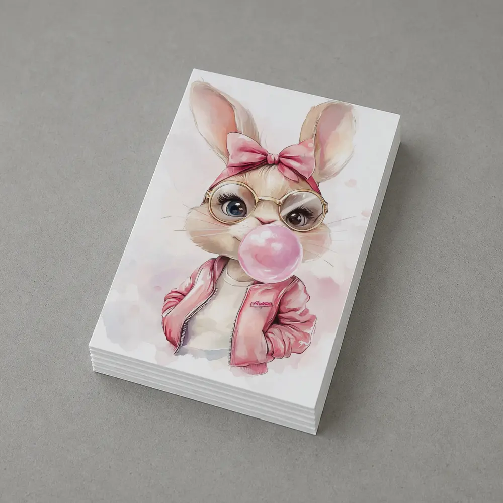 Cool Bunny Girl Blowing Bubblegum Pink Art – Postcards