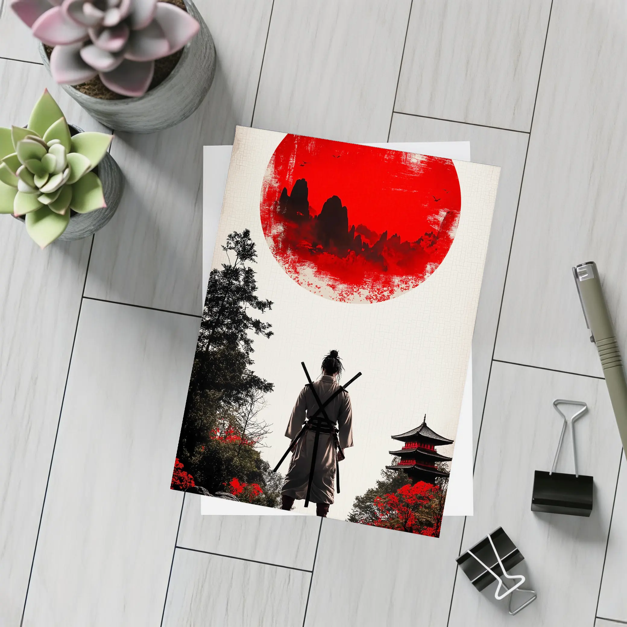 Samurai Warrior Red Sun Japanese Art – Postcards