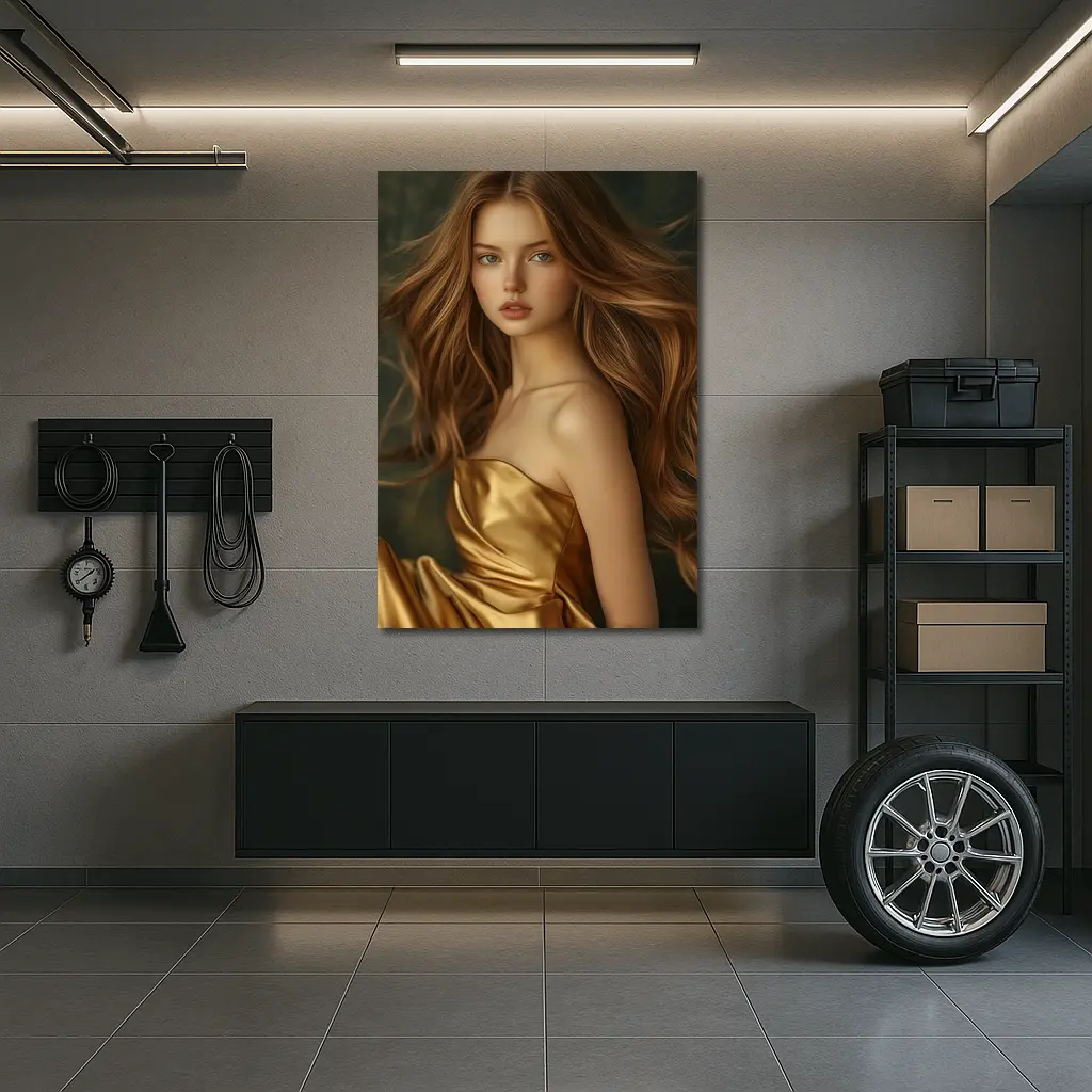 Young Woman Golden Dress Dark Green Background – Wall Art