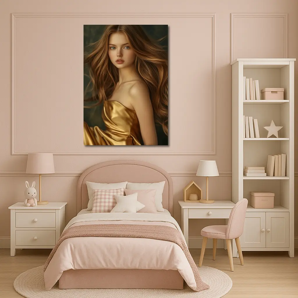 Young Woman Golden Dress Dark Green Background – Wall Art