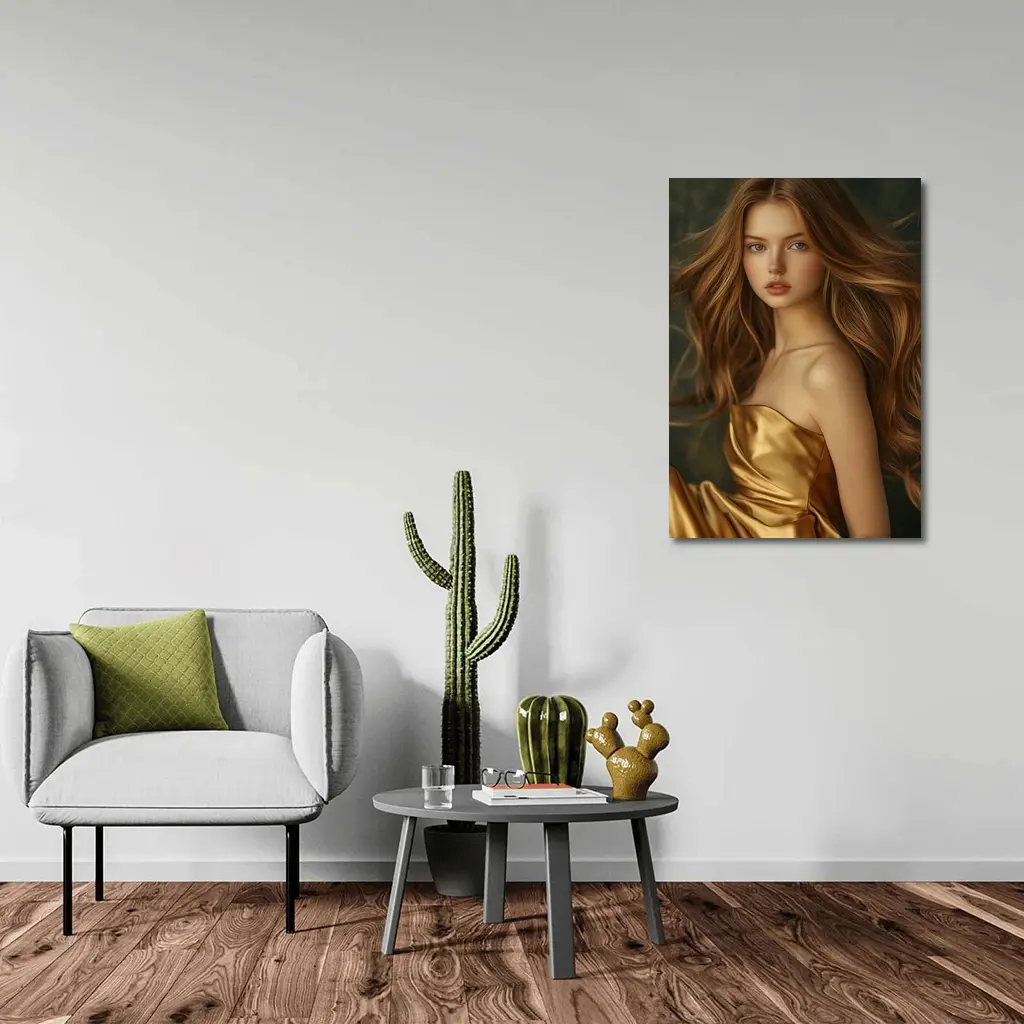 Young Woman Golden Dress Dark Green Background – Wall Art