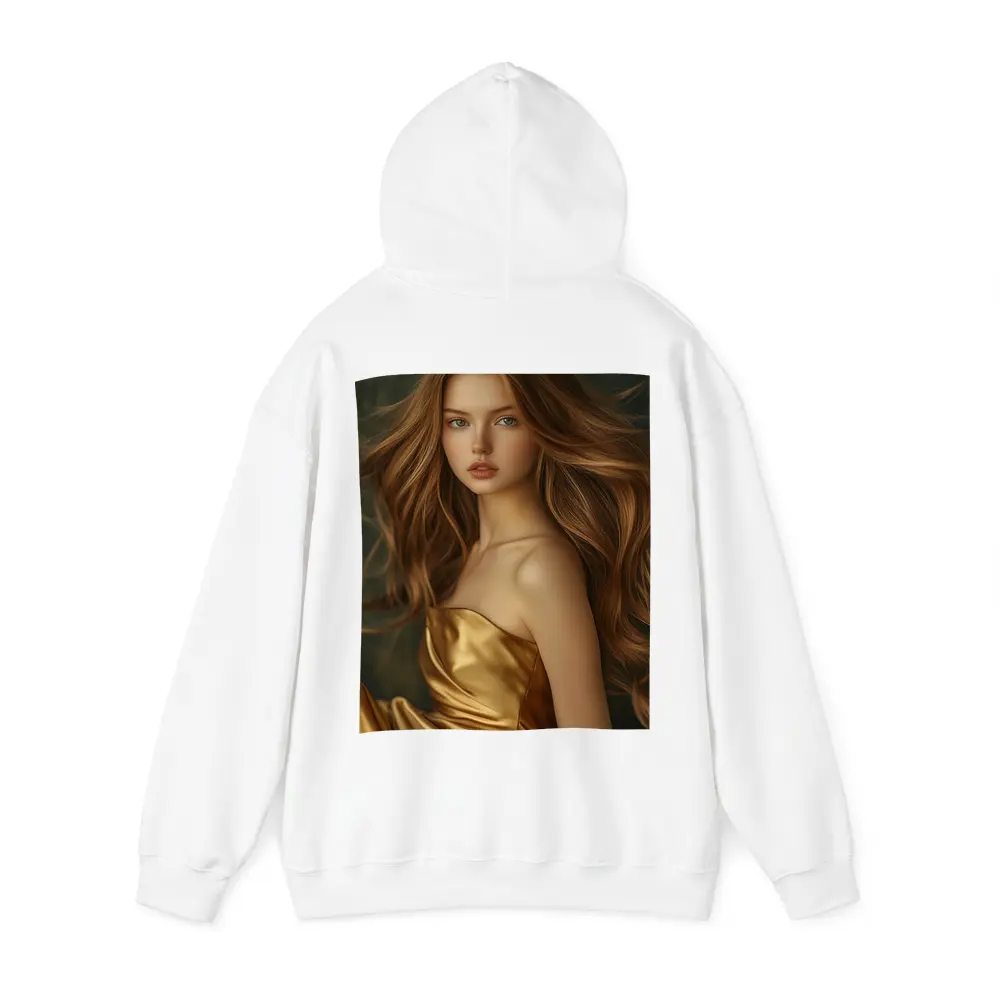 Young Woman Golden Dress Dark Green Background – Hoodies