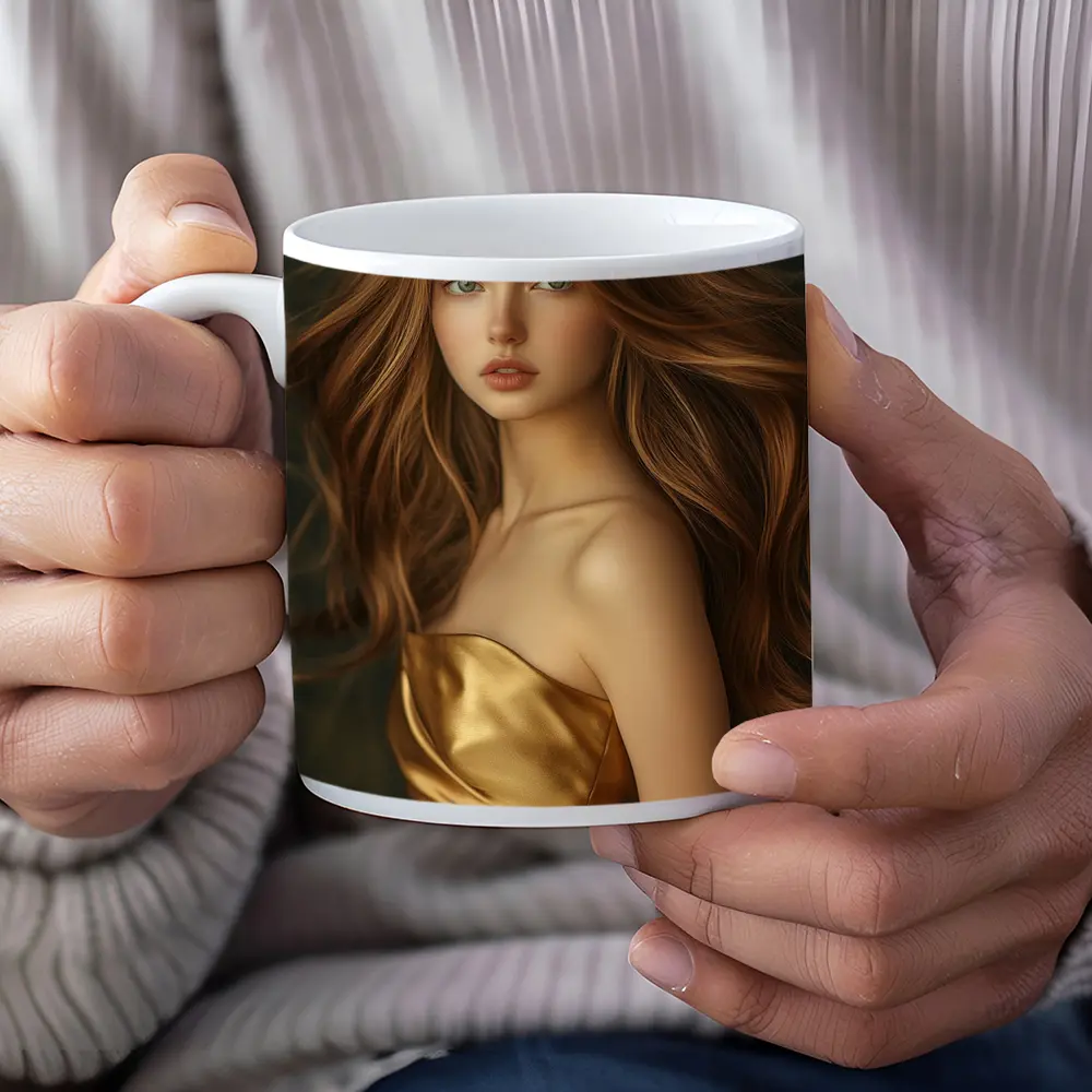 Young Woman Golden Dress Dark Green Background – Mugs