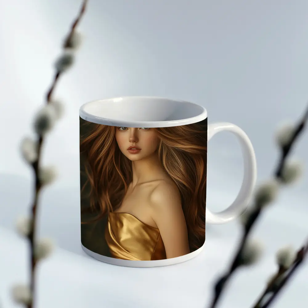 Young Woman Golden Dress Dark Green Background – Mugs