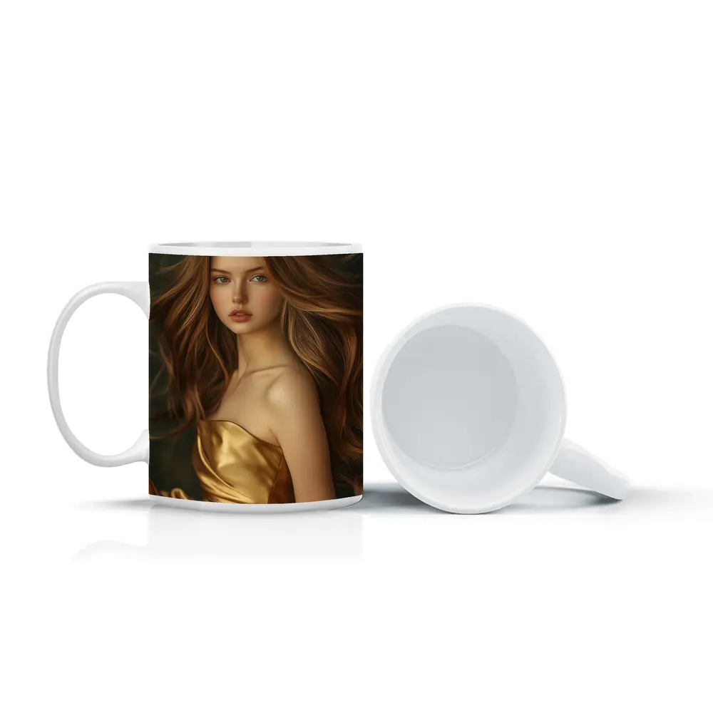 Young Woman Golden Dress Dark Green Background – Mugs