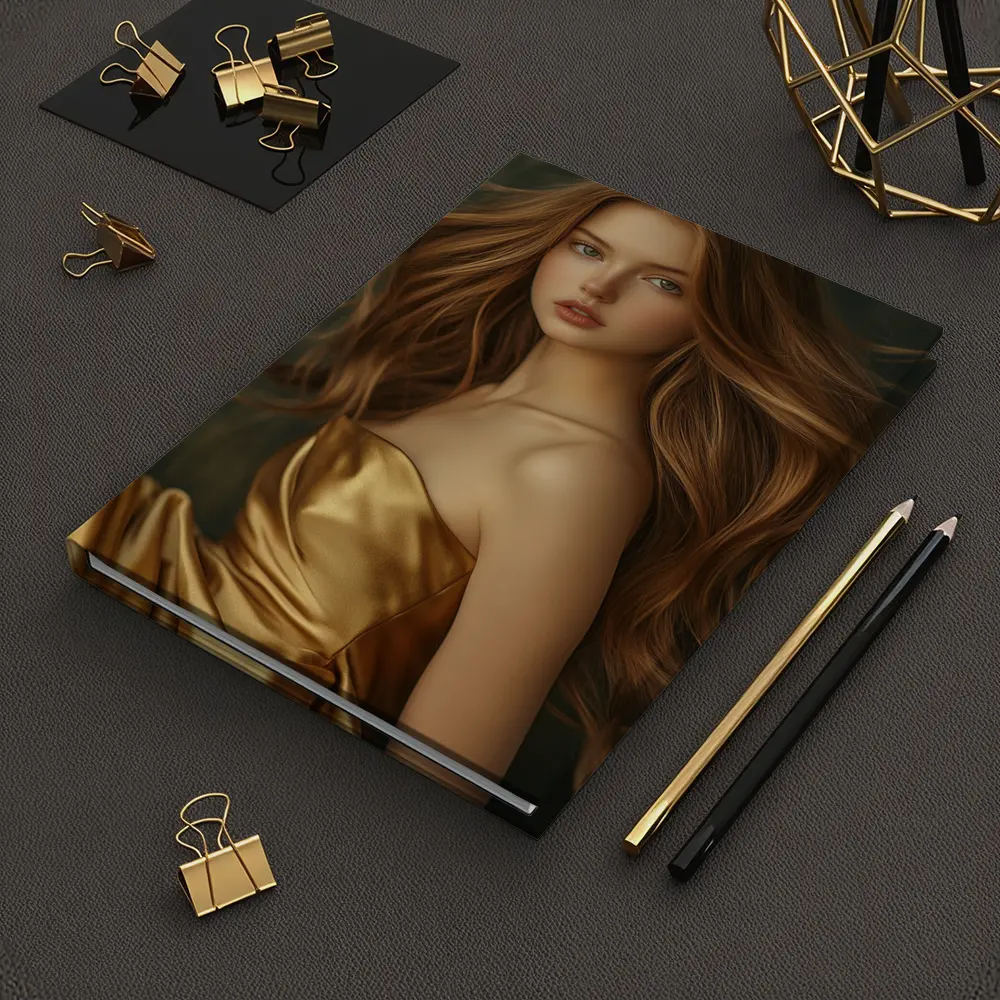 Young Woman Golden Dress Dark Green Background – Notebooks