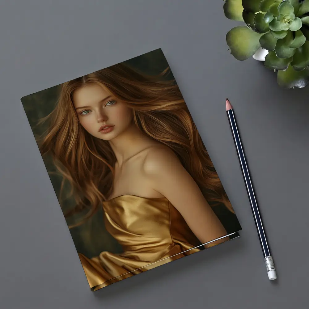 Young Woman Golden Dress Dark Green Background – Notebooks