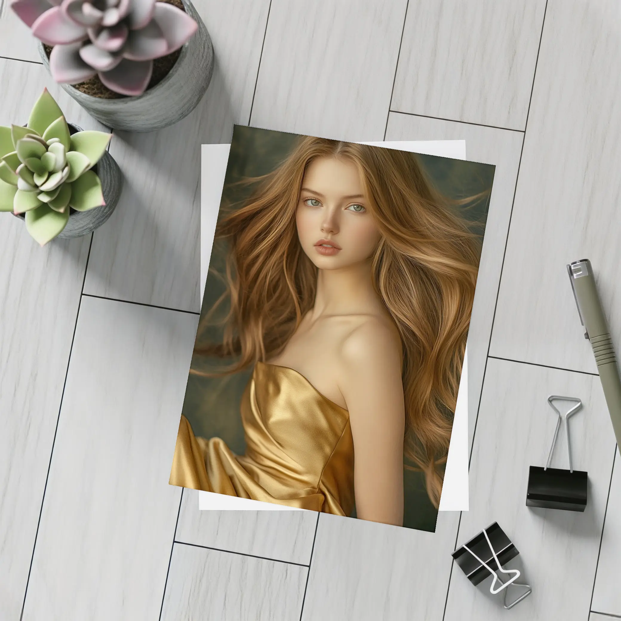 Young Woman Golden Dress Dark Green Background – Postcards