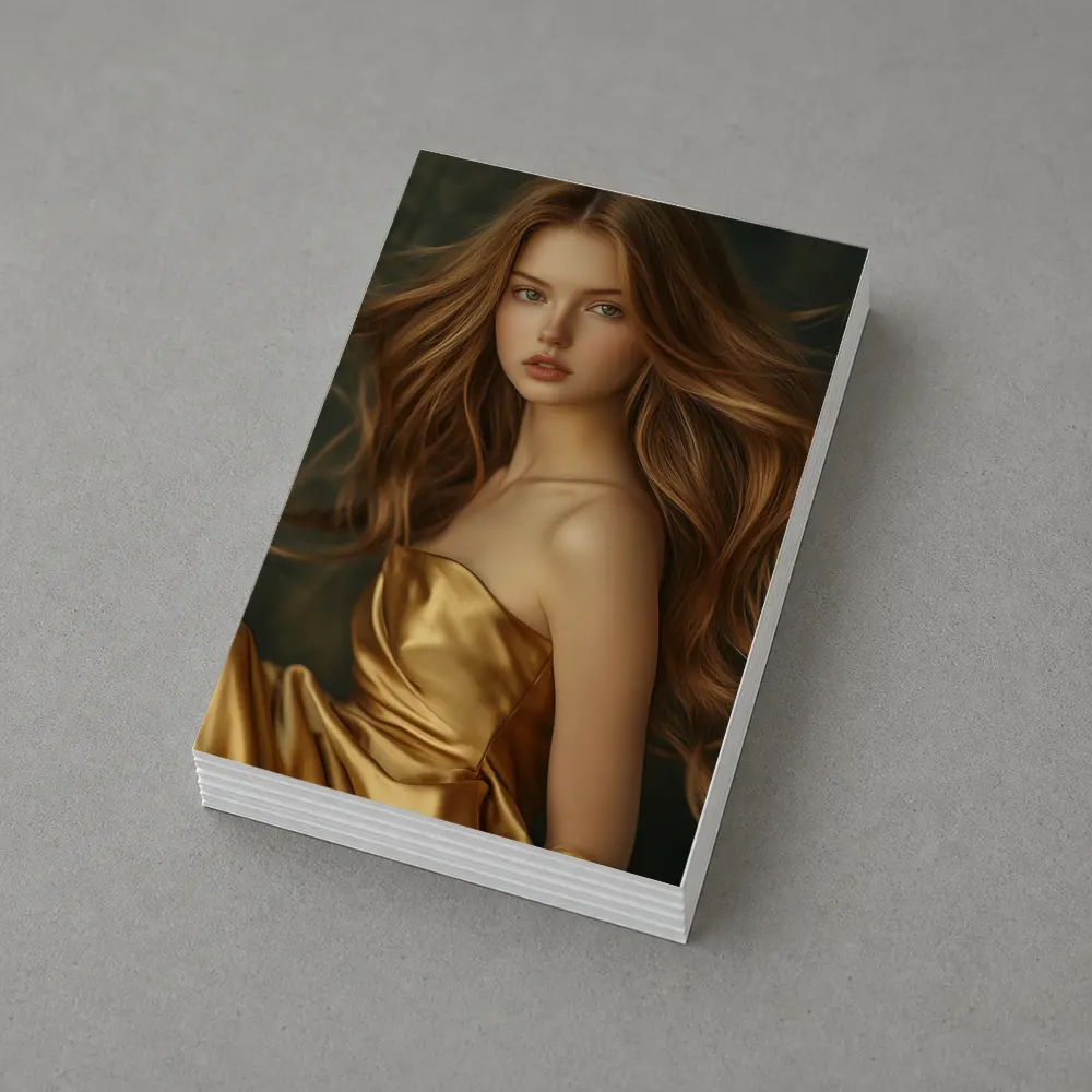 Young Woman Golden Dress Dark Green Background – Postcards