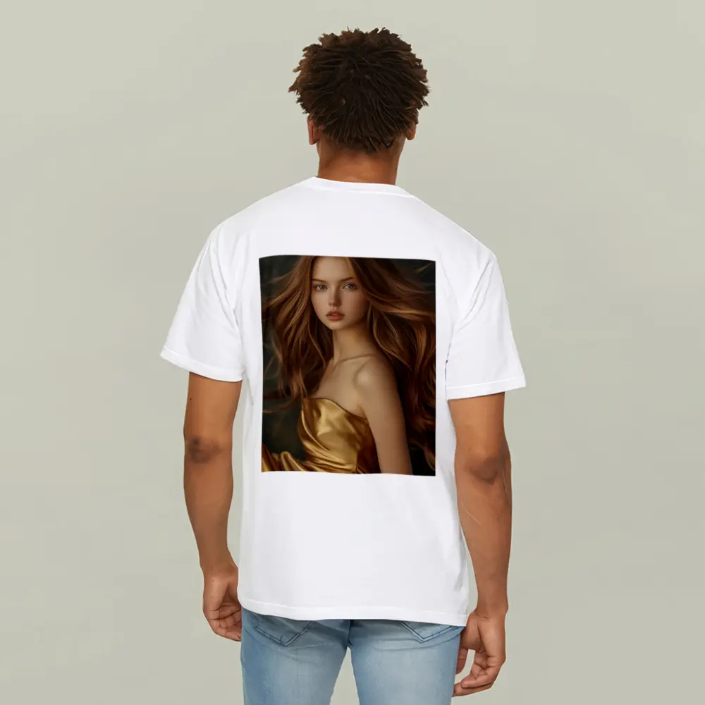 Young Woman Golden Dress Dark Green Background – T-Shirts