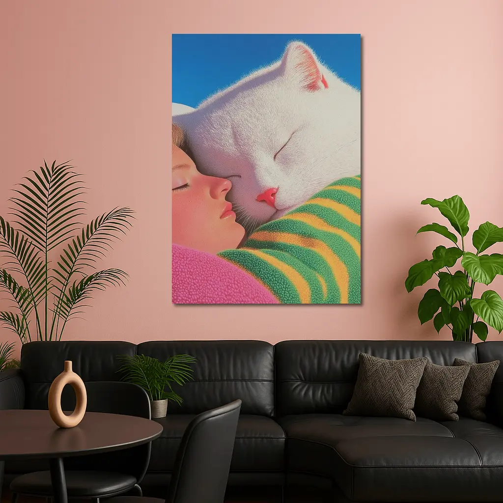 White Cat and Girl Sleeping Together – Wall Art