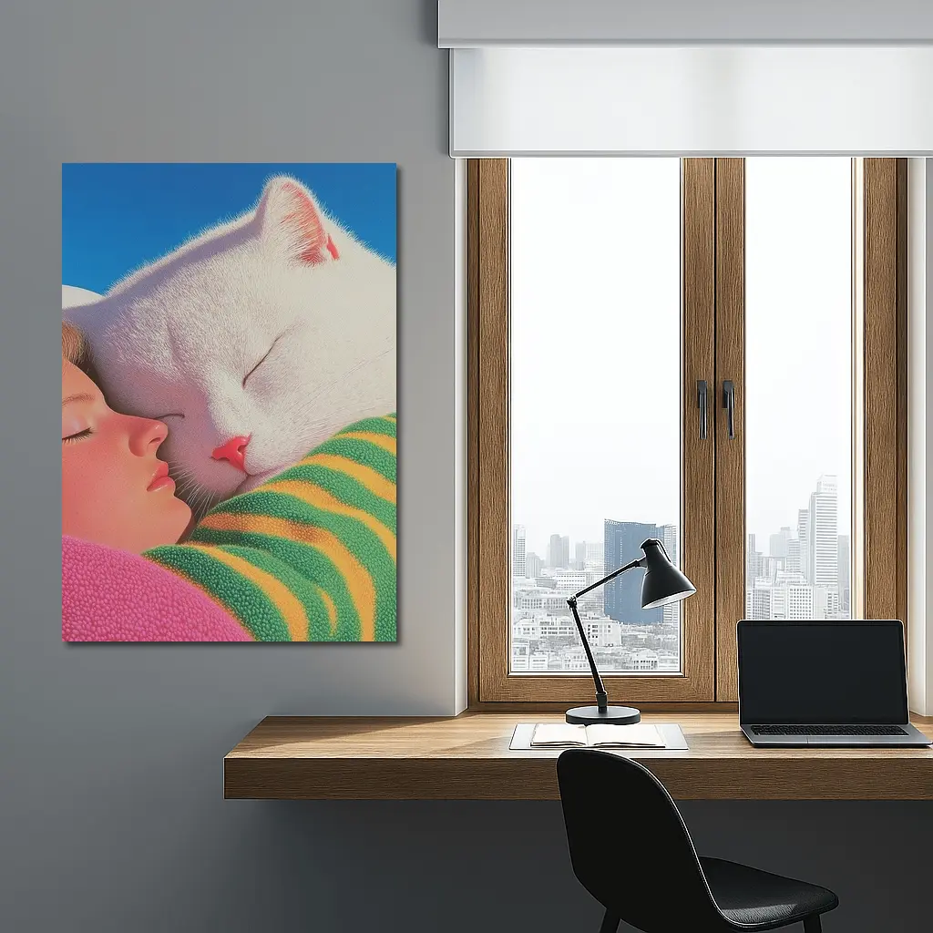 White Cat and Girl Sleeping Together – Wall Art