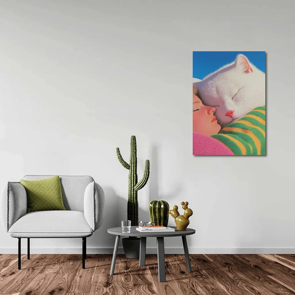 White Cat and Girl Sleeping Together – Wall Art