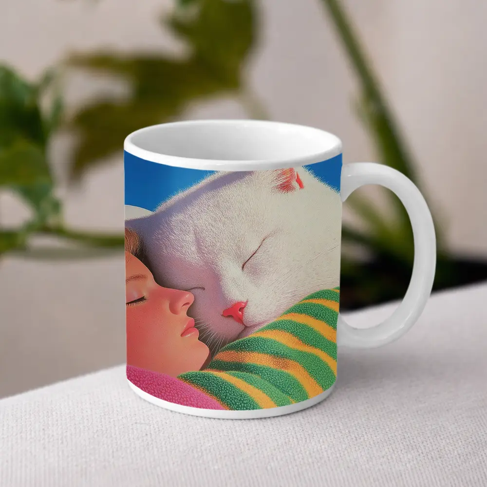 White Cat and Girl Sleeping Together – Mugs