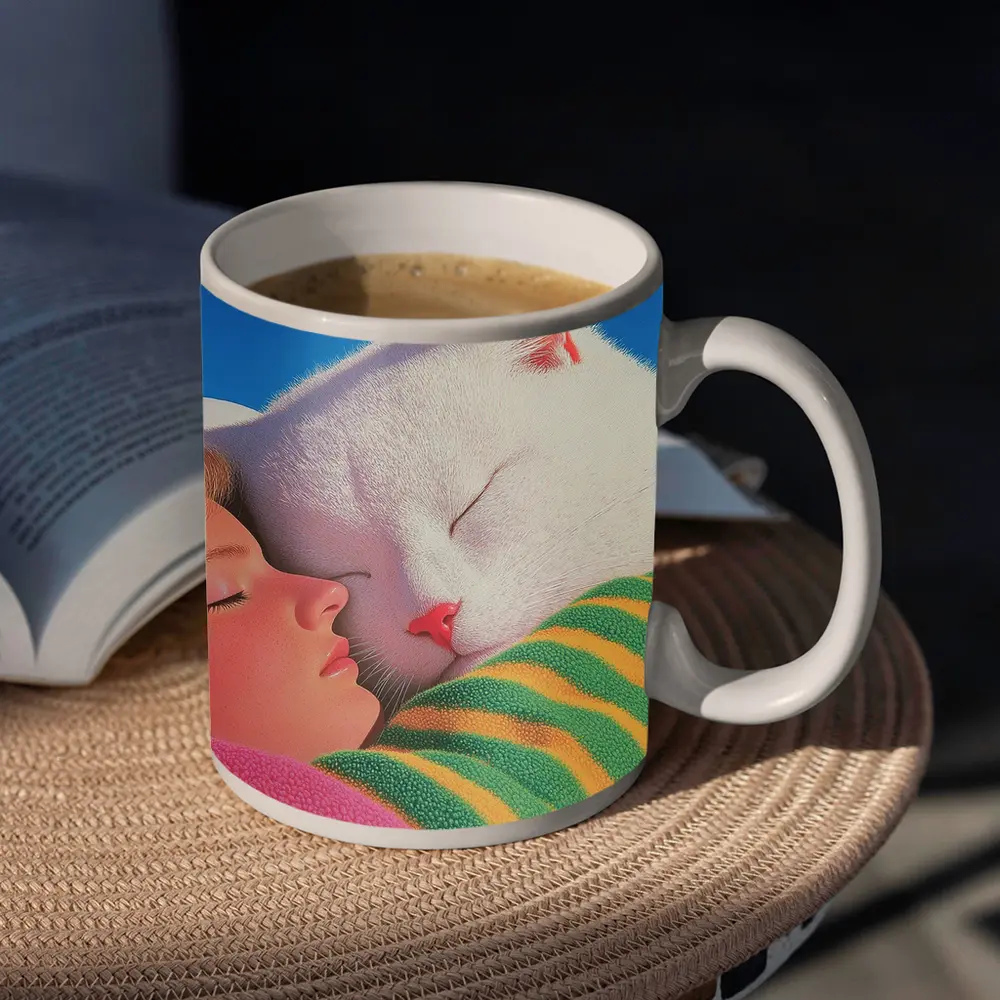 White Cat and Girl Sleeping Together – Mugs