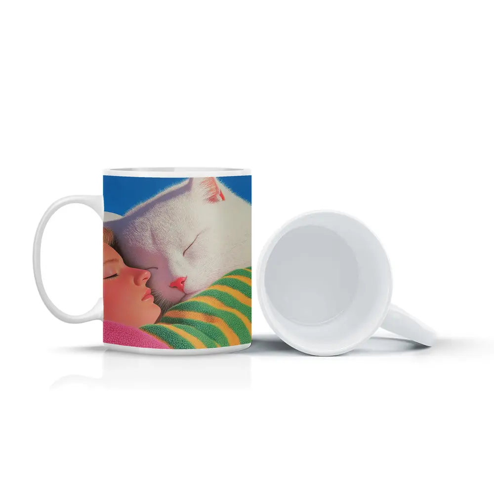 White Cat and Girl Sleeping Together – Mugs