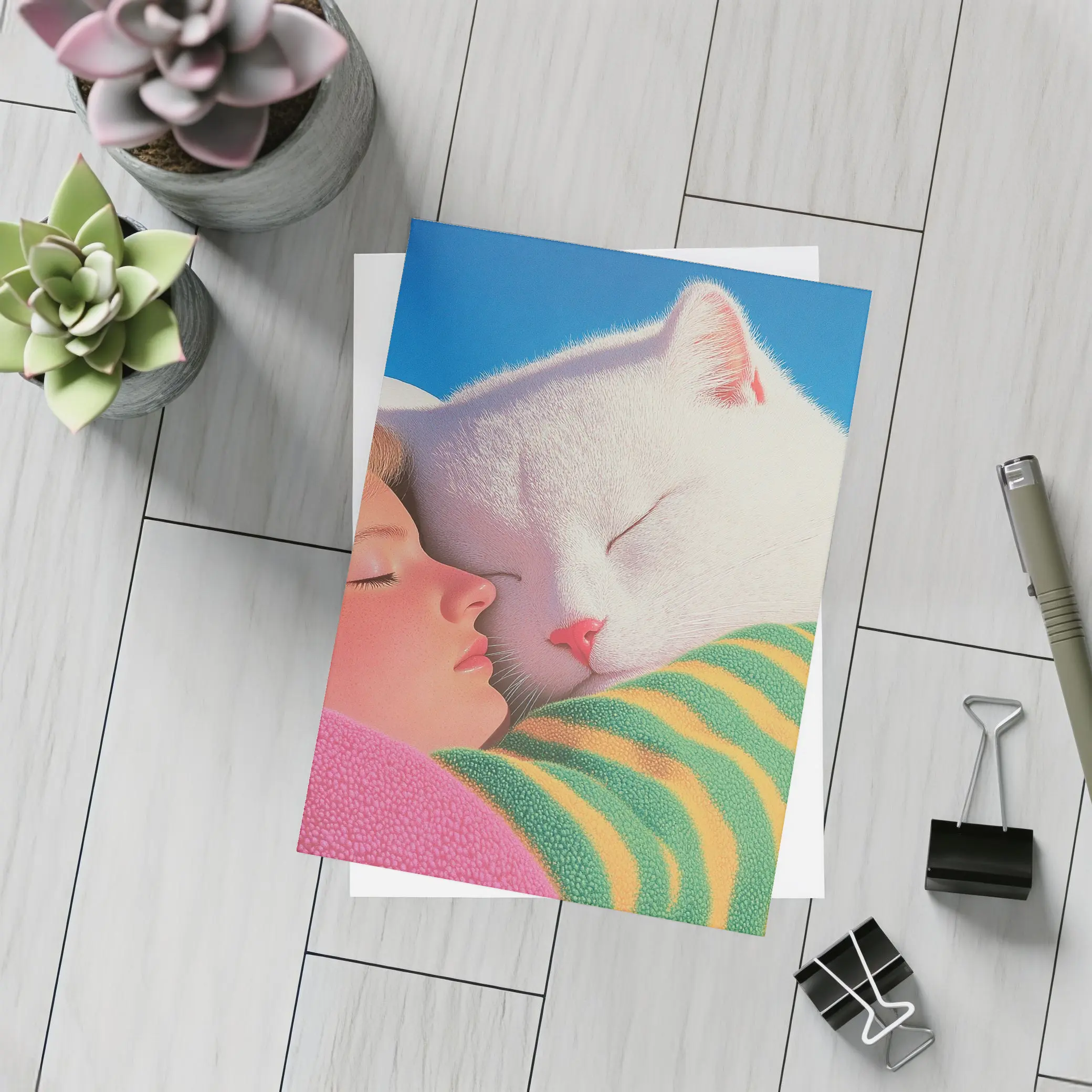 White Cat and Girl Sleeping Together – Postcards
