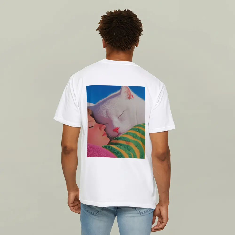 White Cat and Girl Sleeping Together – T-Shirts