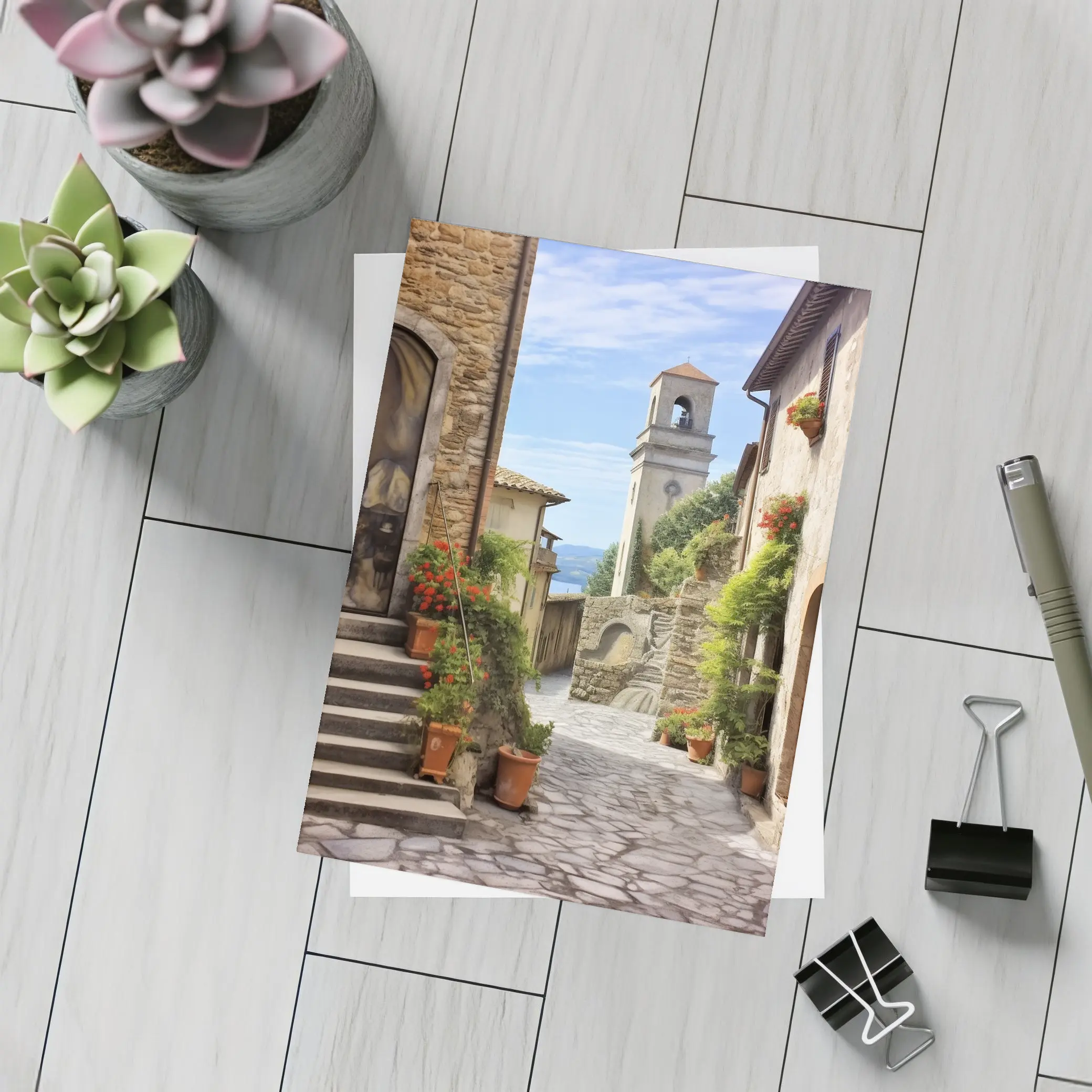 Italian Village Cobblestone Street Bell Tower – Postcards