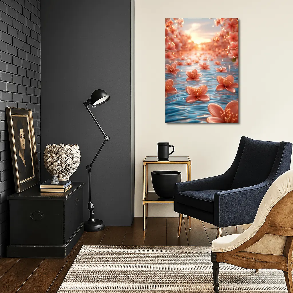Pink Flowers Floating on Blue Water – Wall Art