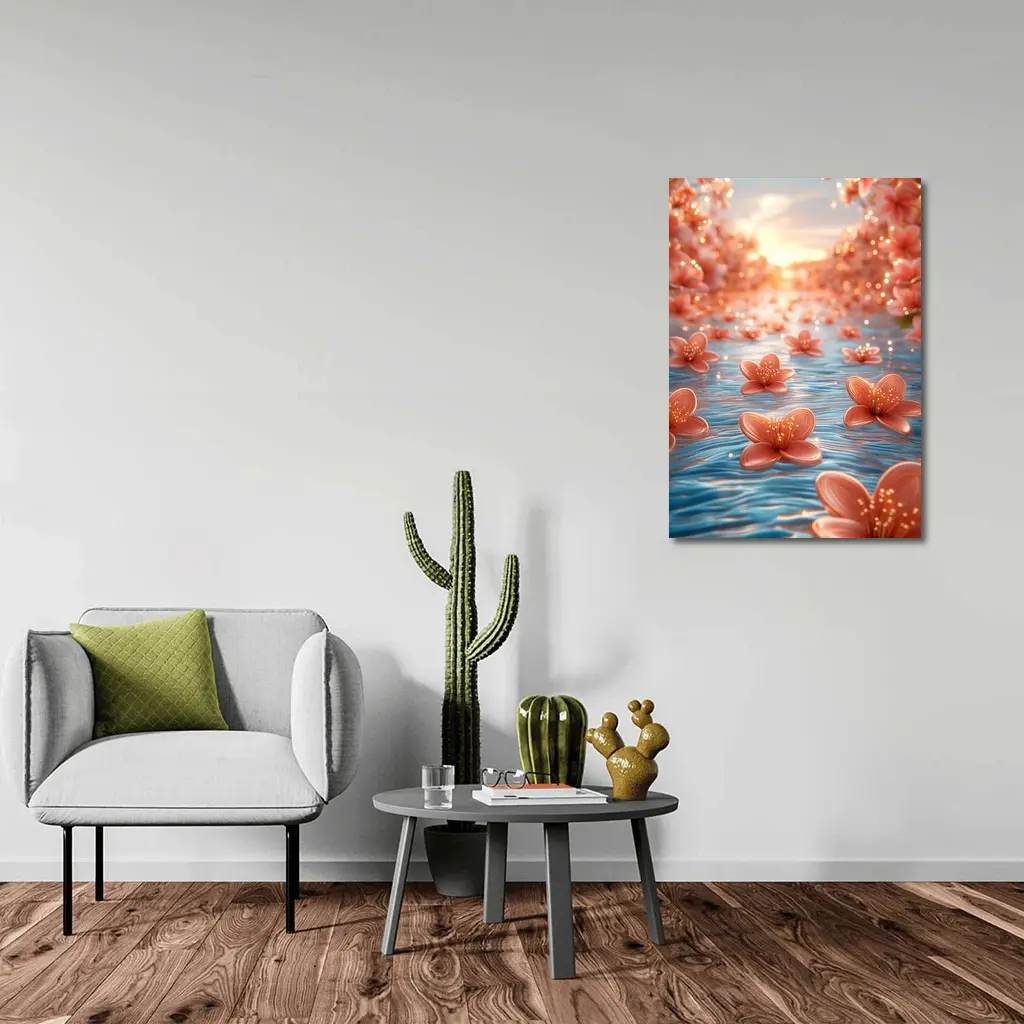 Pink Flowers Floating on Blue Water – Wall Art