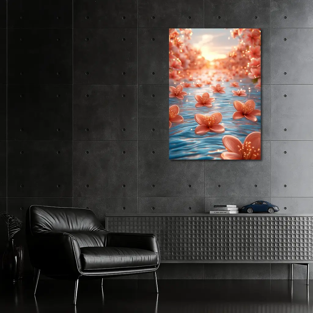 Pink Flowers Floating on Blue Water – Wall Art