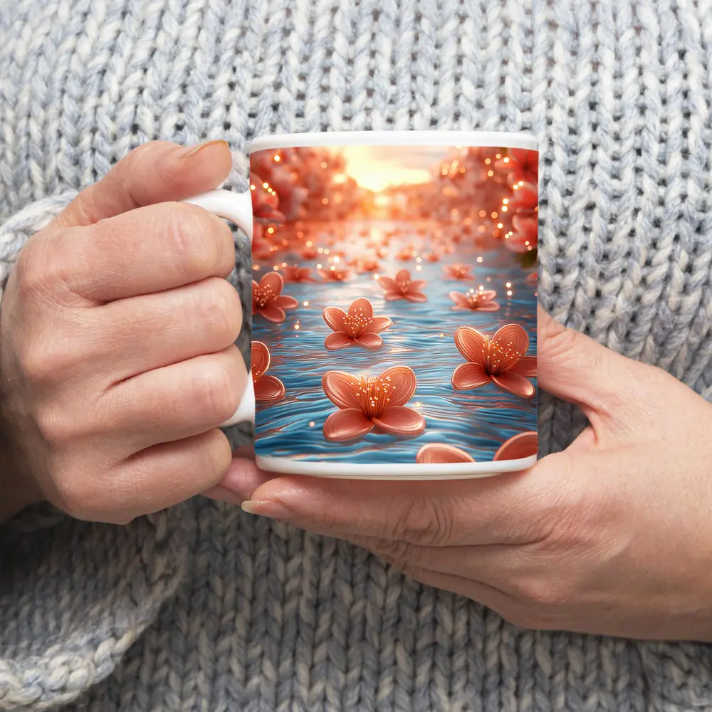 Pink Flowers Floating on Blue Water – Mugs