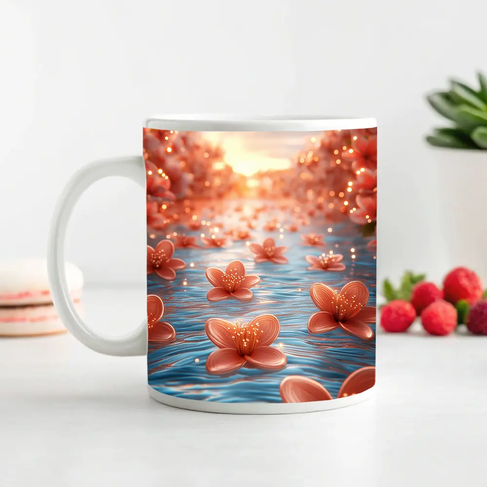 Pink Flowers Floating on Blue Water – Mugs