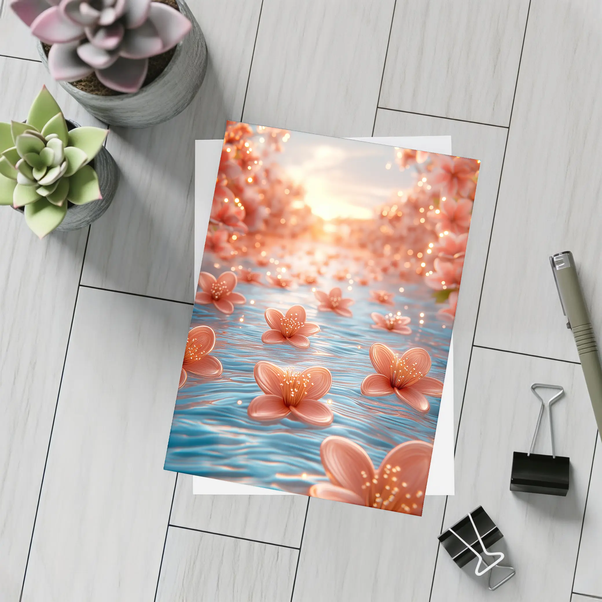 Pink Flowers Floating on Blue Water – Postcards