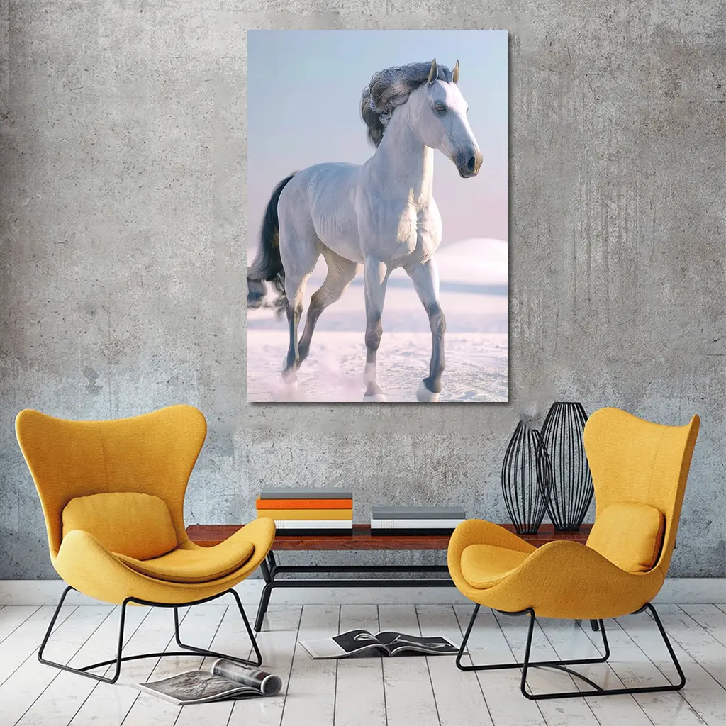 White Horse Running Through Snowy Winter Landscape – Wall Art