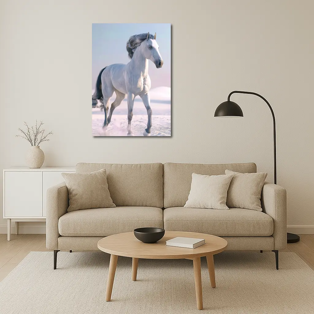 White Horse Running Through Snowy Winter Landscape – Wall Art