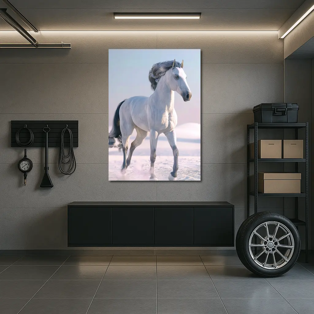 White Horse Running Through Snowy Winter Landscape – Wall Art