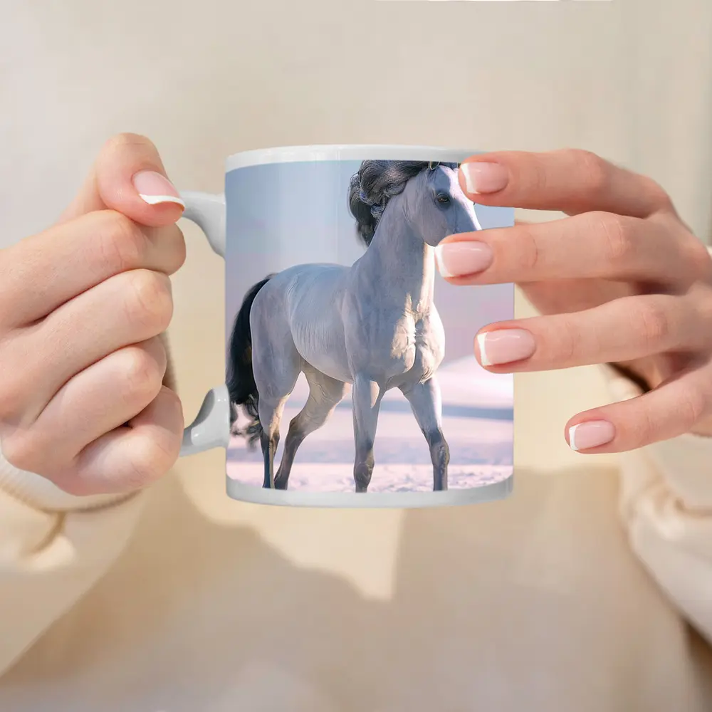 White Horse Running Through Snowy Winter Landscape – Mugs