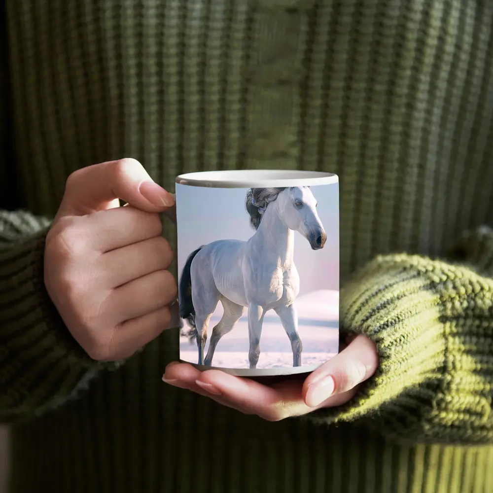 White Horse Running Through Snowy Winter Landscape – Mugs