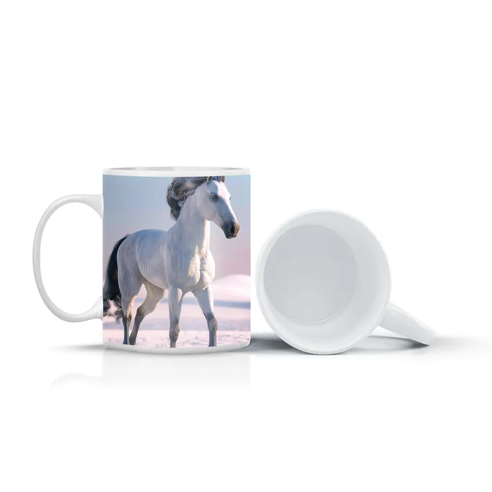 White Horse Running Through Snowy Winter Landscape – Mugs