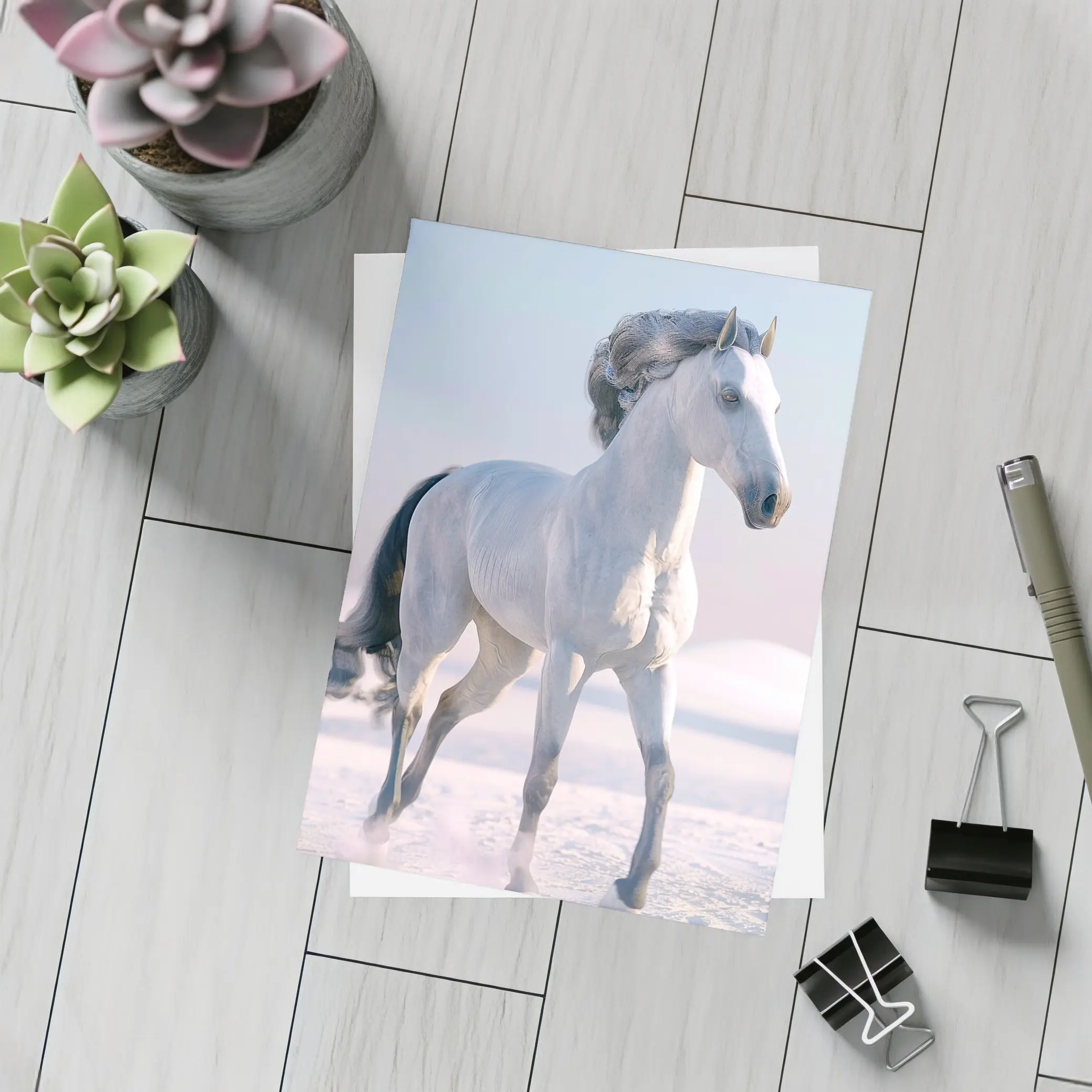 White Horse Running Through Snowy Winter Landscape – Postcards