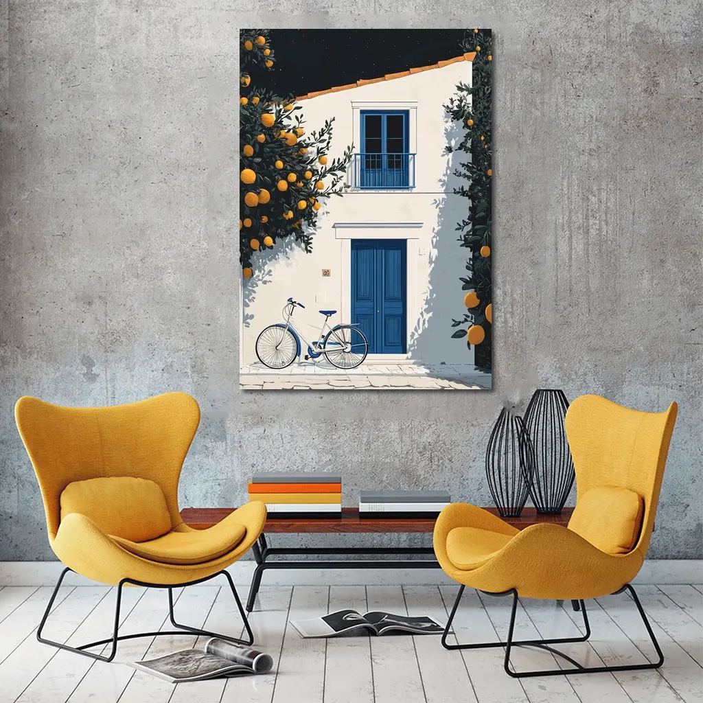 Mediterranean White House Blue Door Orange Trees – Wall Art