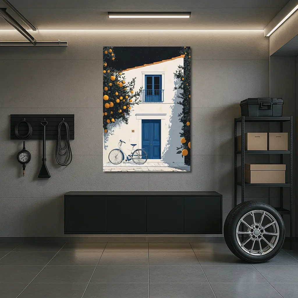 Mediterranean White House Blue Door Orange Trees – Wall Art