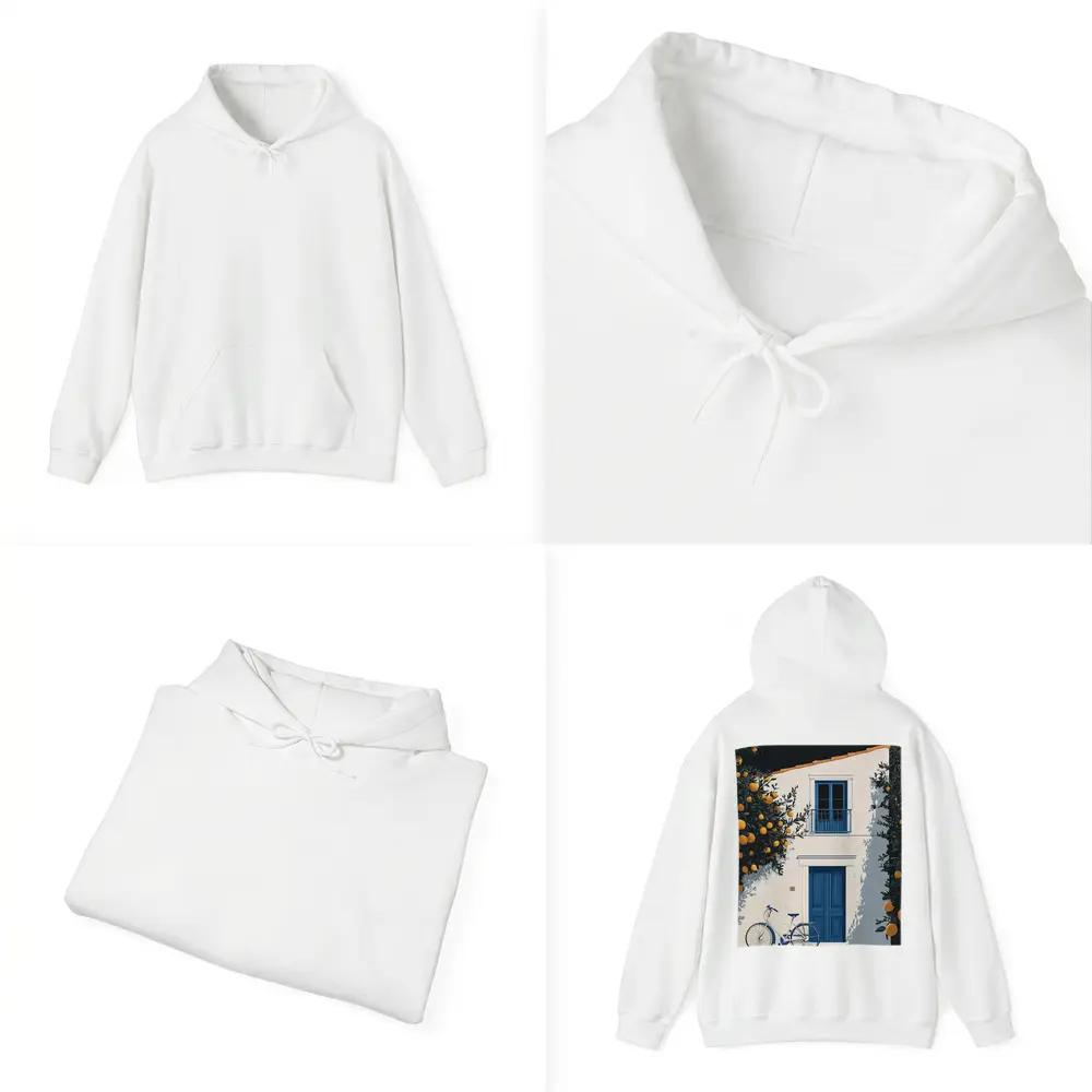 Mediterranean White House Blue Door Orange Trees – Hoodies