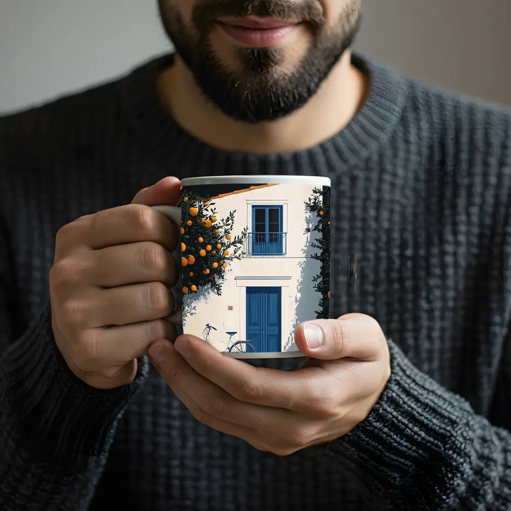 Mediterranean White House Blue Door Orange Trees – Mugs