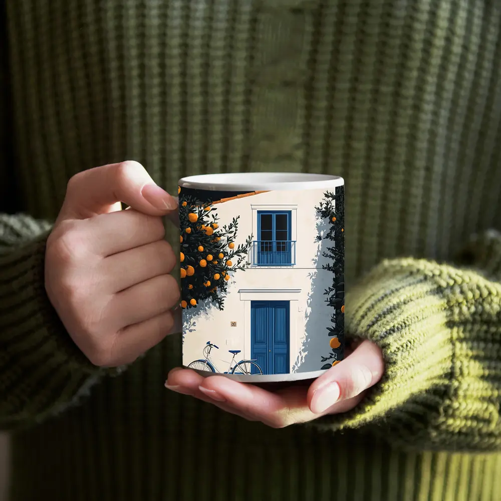 Mediterranean White House Blue Door Orange Trees – Mugs