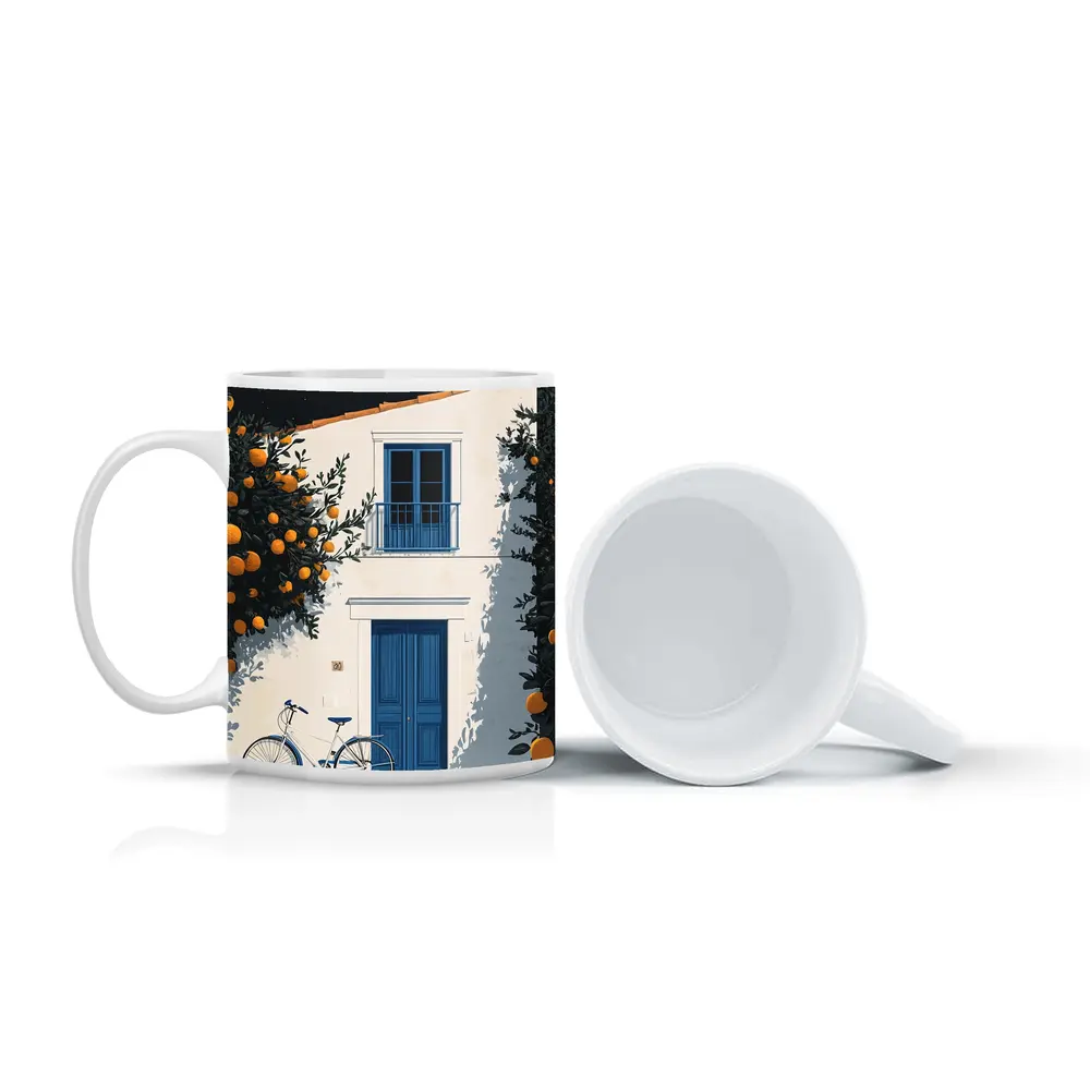 Mediterranean White House Blue Door Orange Trees – Mugs