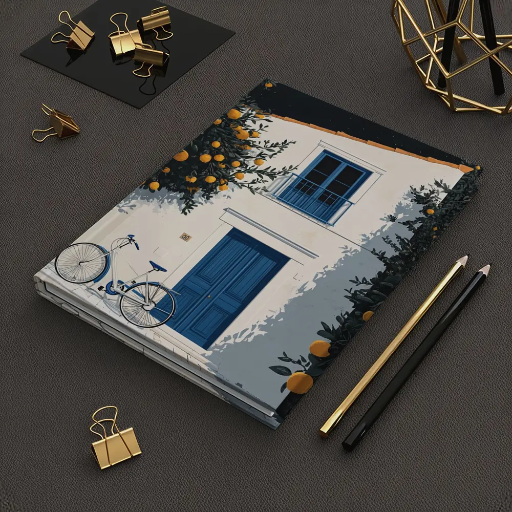 Mediterranean White House Blue Door Orange Trees – Notebooks