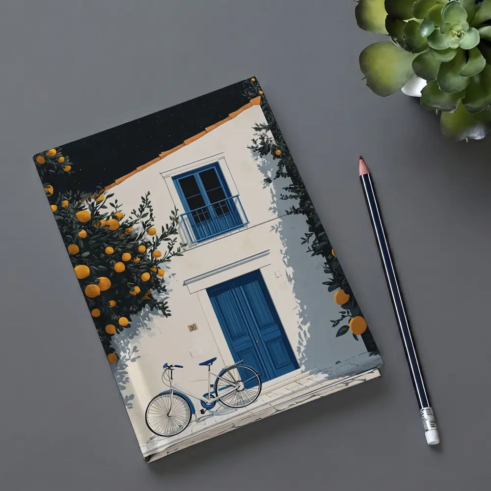 Mediterranean White House Blue Door Orange Trees – Notebooks