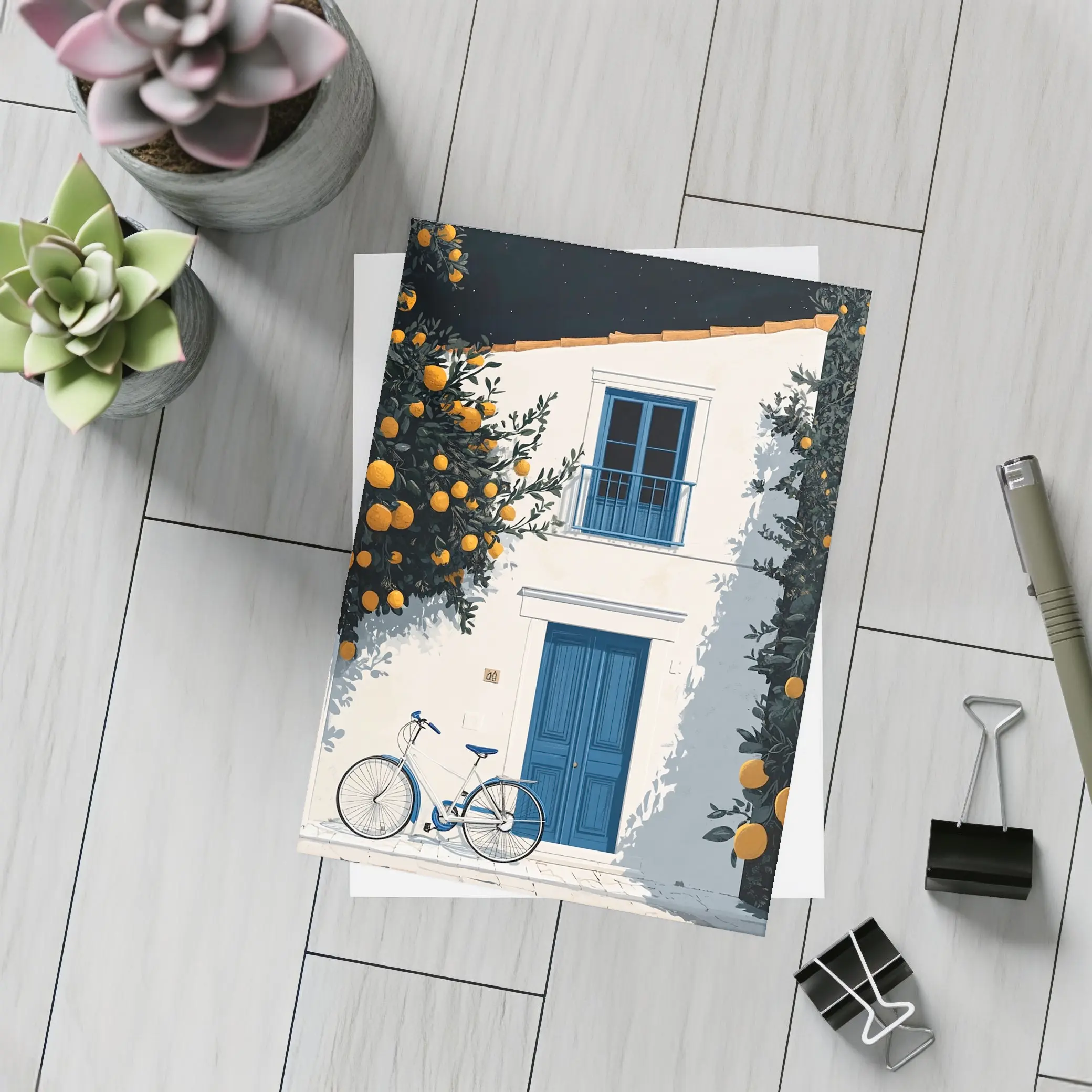 Mediterranean White House Blue Door Orange Trees – Postcards