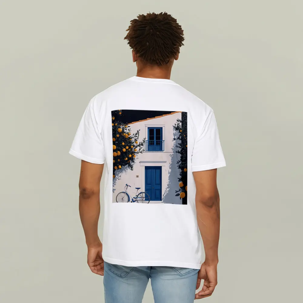 Mediterranean White House Blue Door Orange Trees – T-Shirts