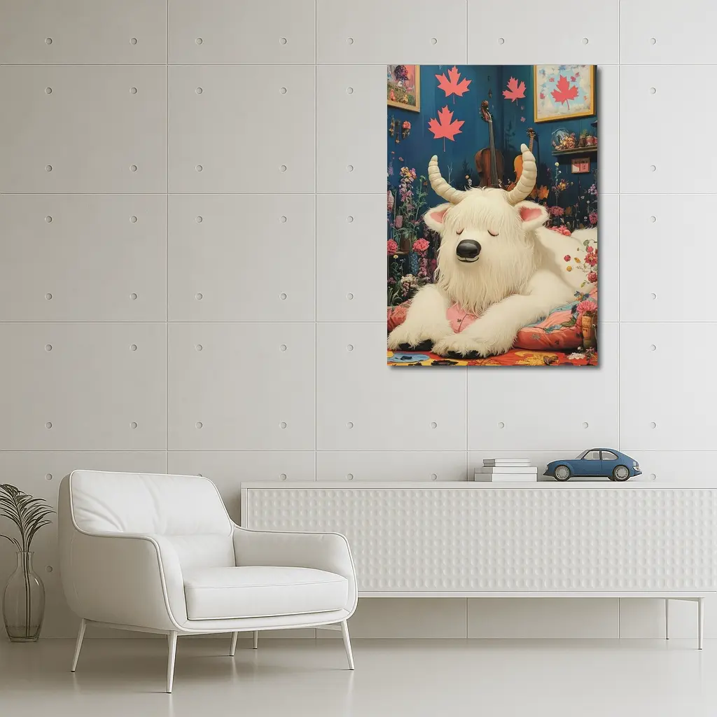 White Goat Sleeping Floral Room Maple Leaves – Wall Art